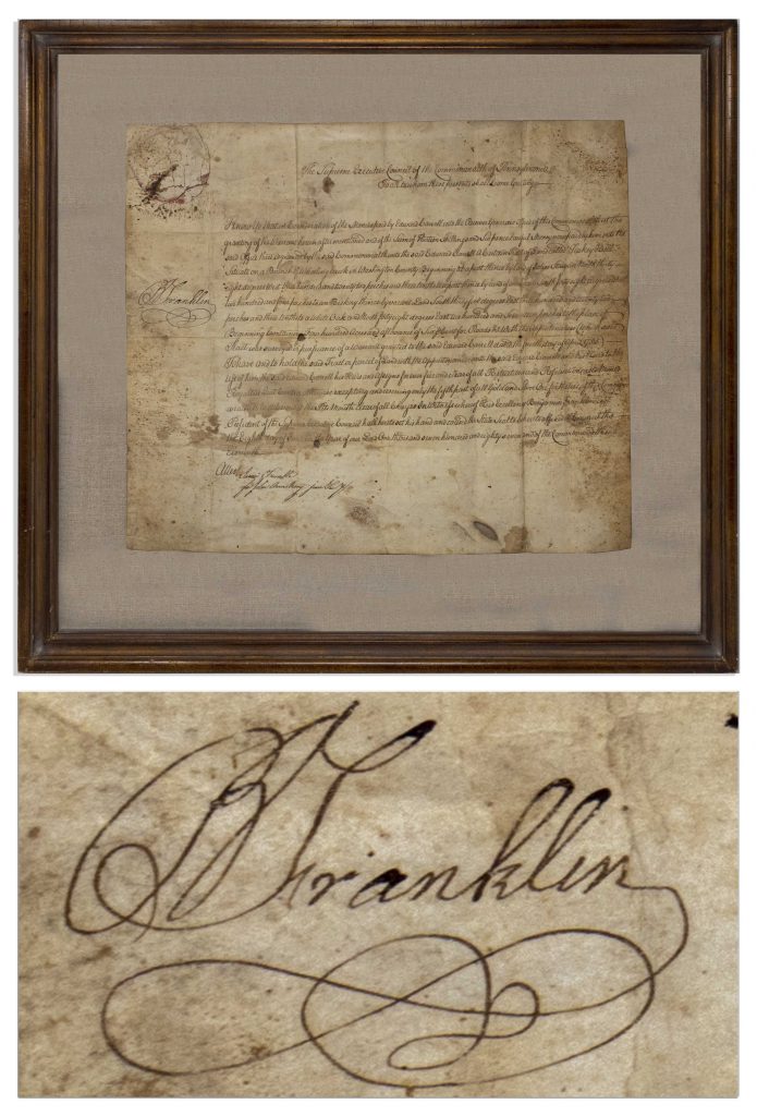 Benjamin Franklin Pennsylvania land grant signed