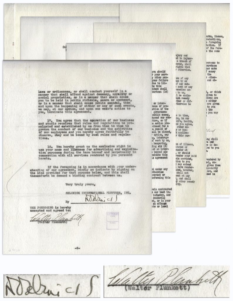 David OSelznick Walter Plunkett signed contract