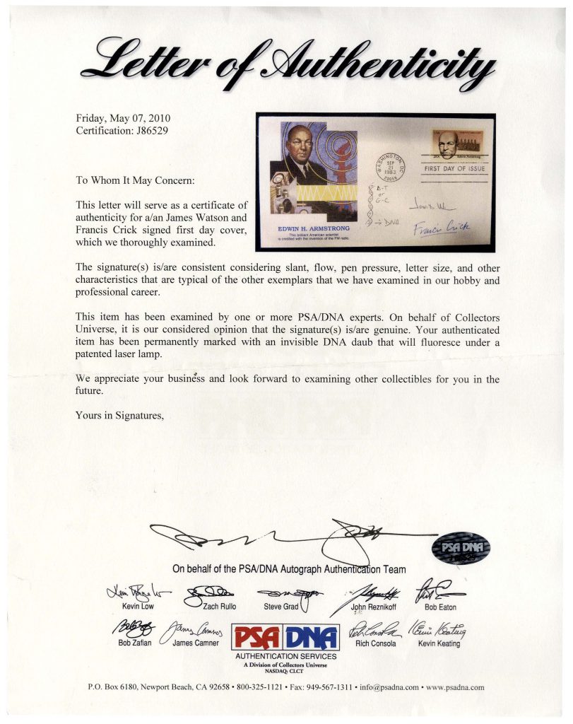 Francis Crick James Watson signed DNA drawing