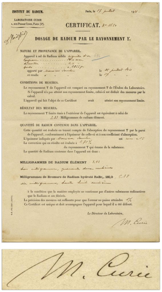 Marie Curie document signed
