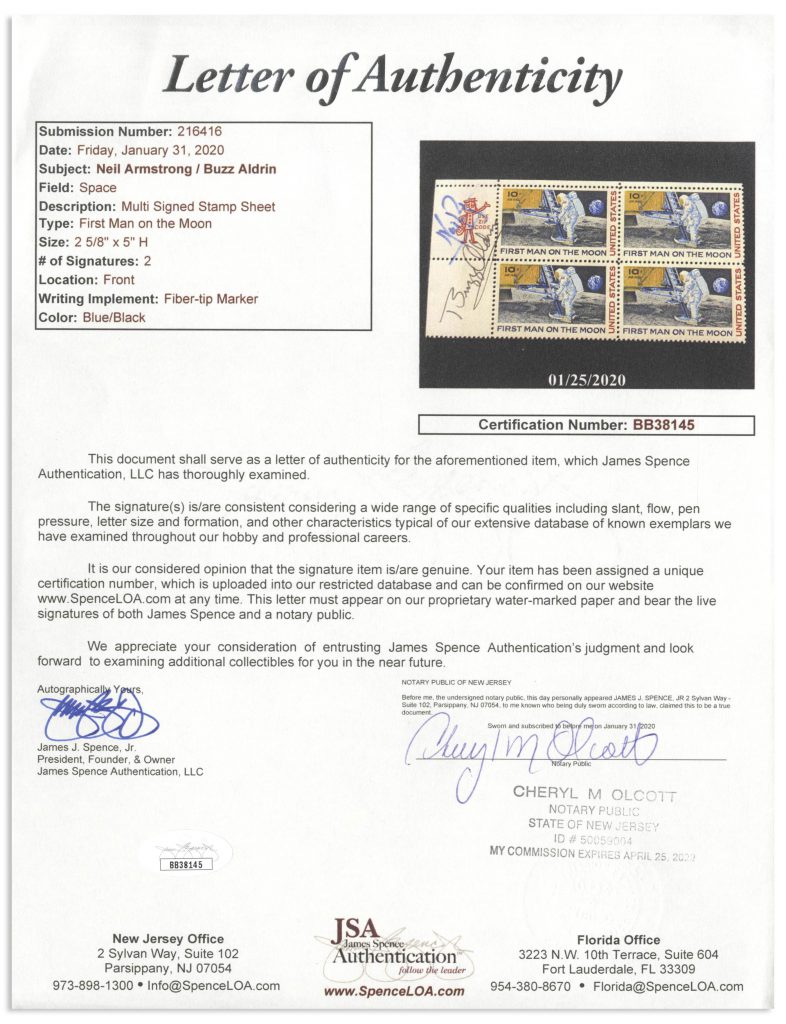 Buzz Aldrin Neil Armstrong signed philatelic stamp block