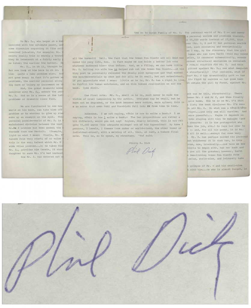 Philip Dick signed manuscript
