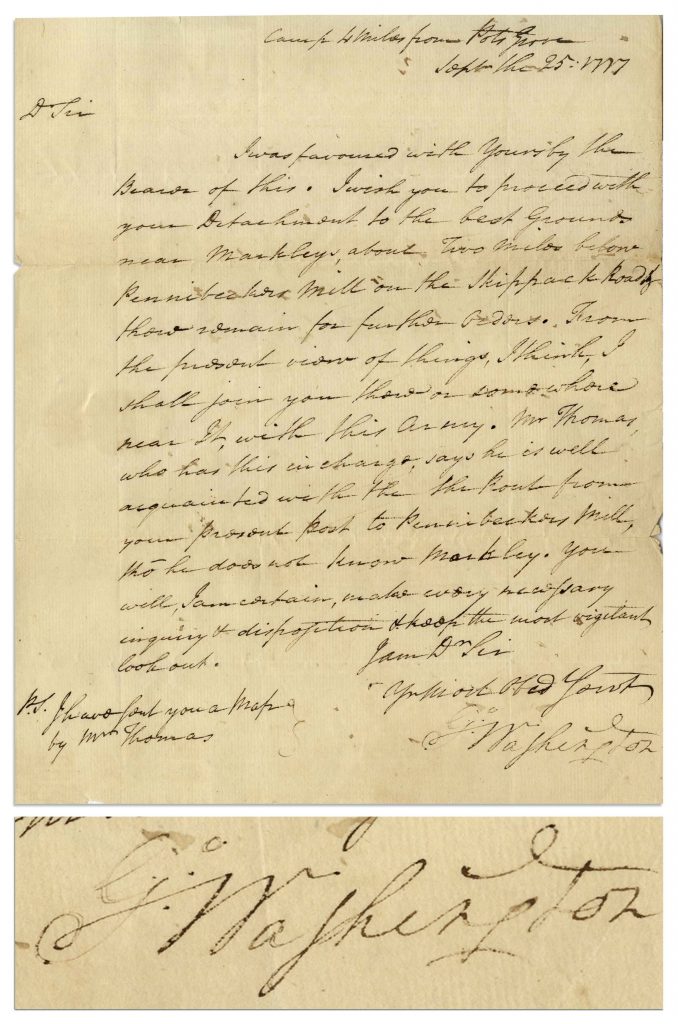 Single page letter with a large and bold George Washington signature at bottom right corner.