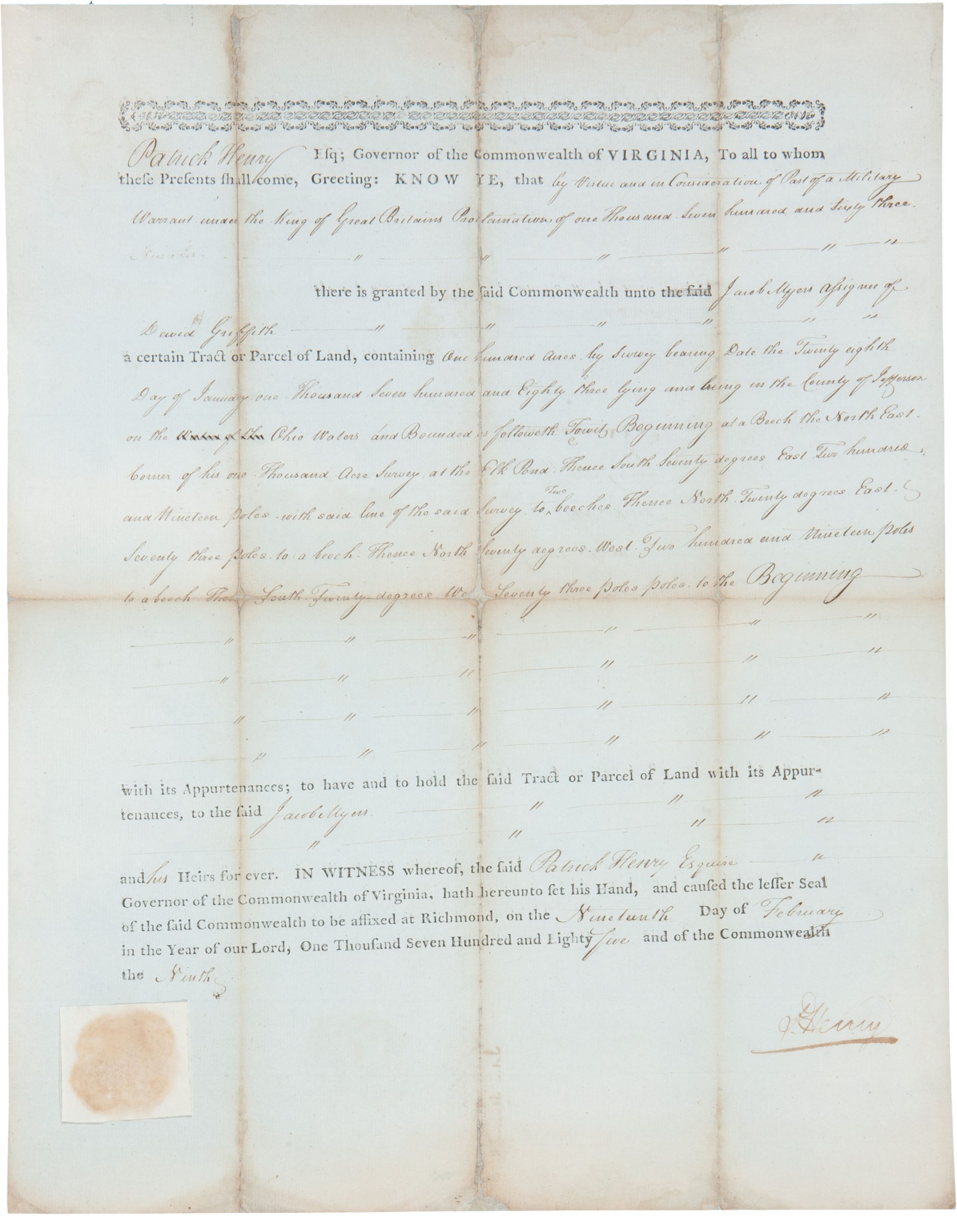 Patrick Henry Virginia land grant document signed