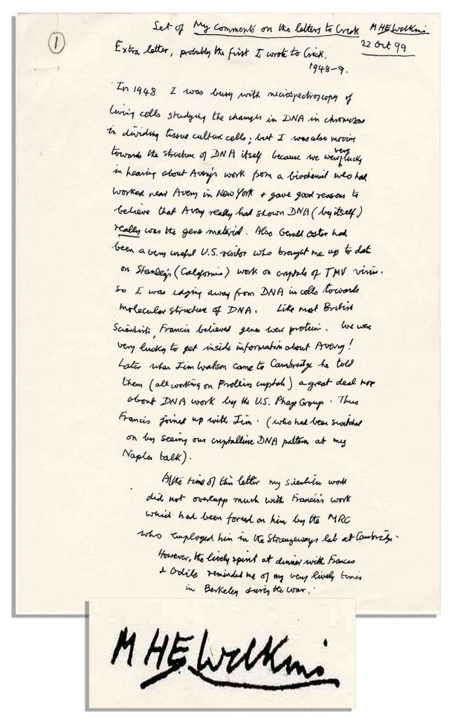  Maurice Wilkins handwritten letter re DNA signed