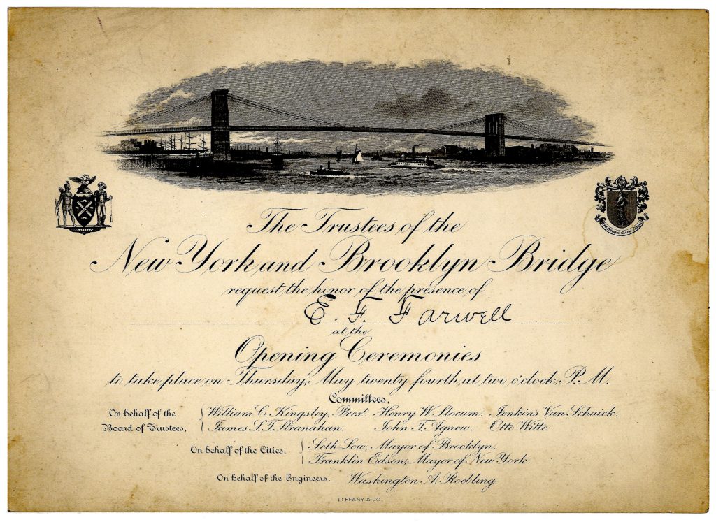 1883 Brooklyn Bridge Tiffany opening invitation