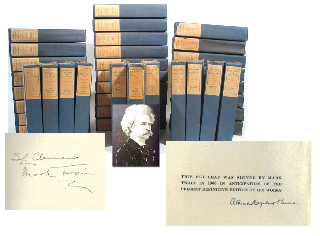 Thirty seven volume books set all with blue cloth boards. The fly-leaf bearing Twain's signatures "SL. Clemens / Mark Twain" also appears.