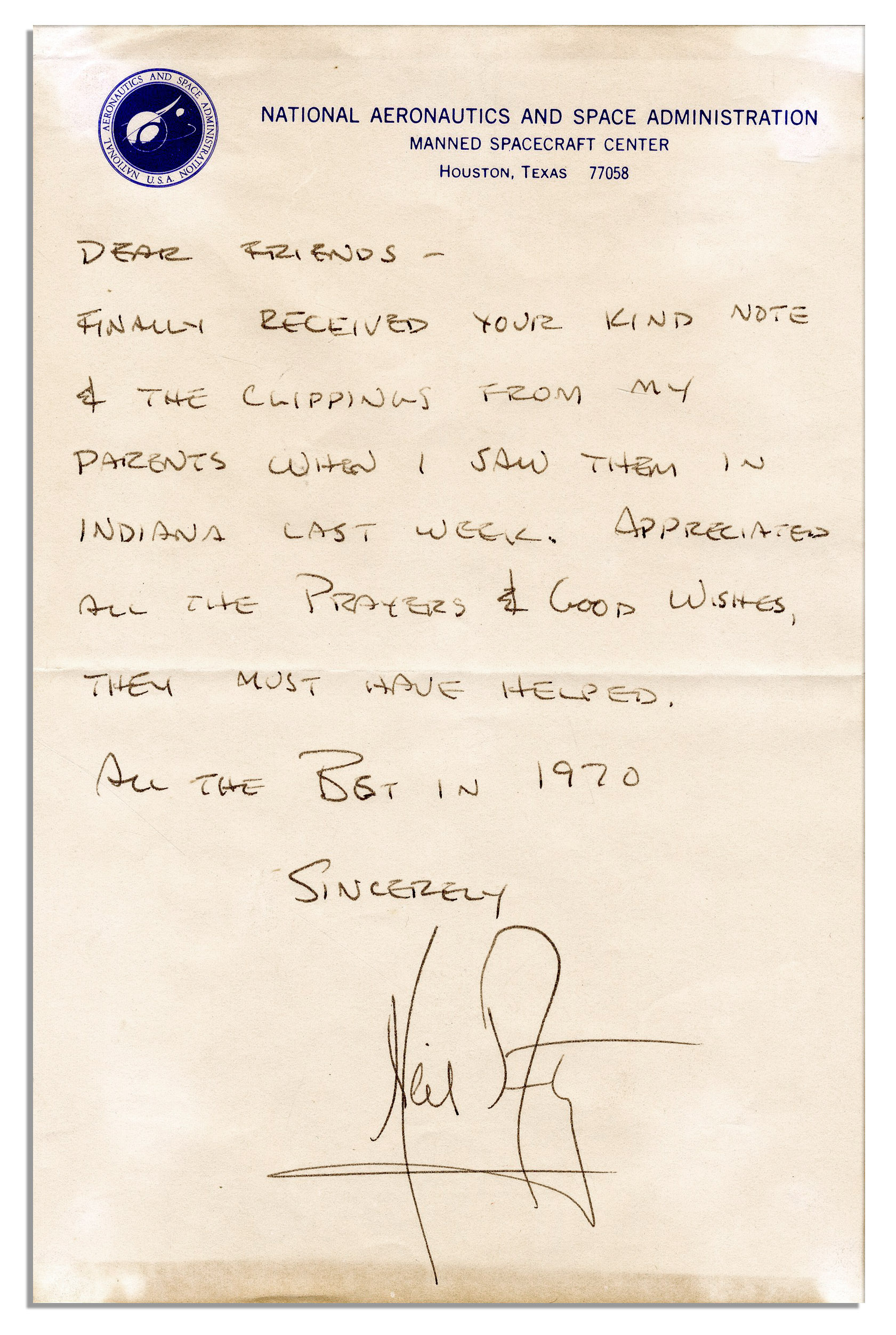 One page handwritten letter on NASA stationery signed by Neil Armstrong