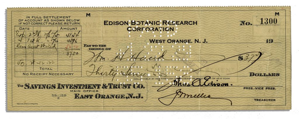 Thomas Edison signed check