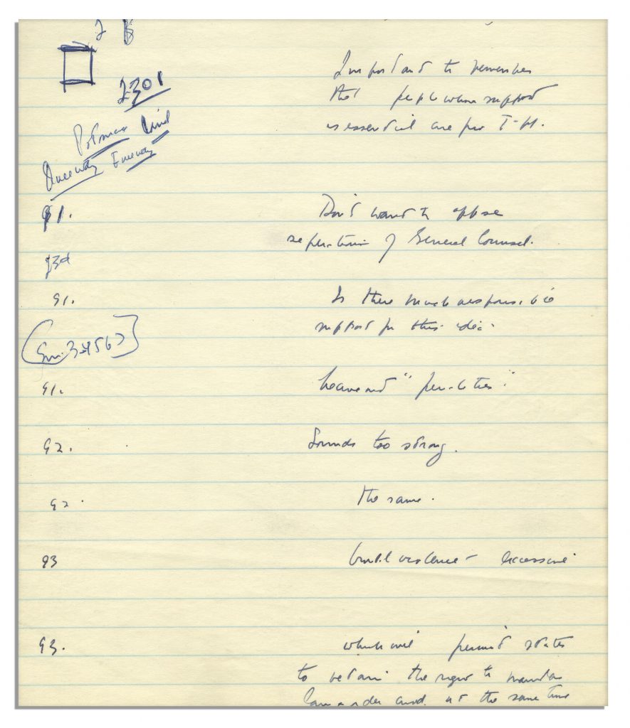 John F Kennedy handwritten notes as Senator