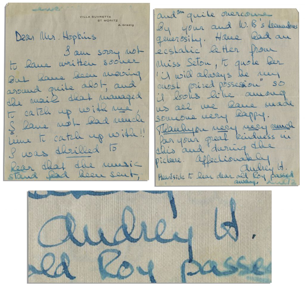 Audrey Hepburn signed letter