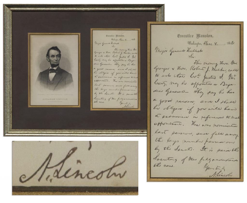 Abraham Lincoln letter signed re colored men or troops