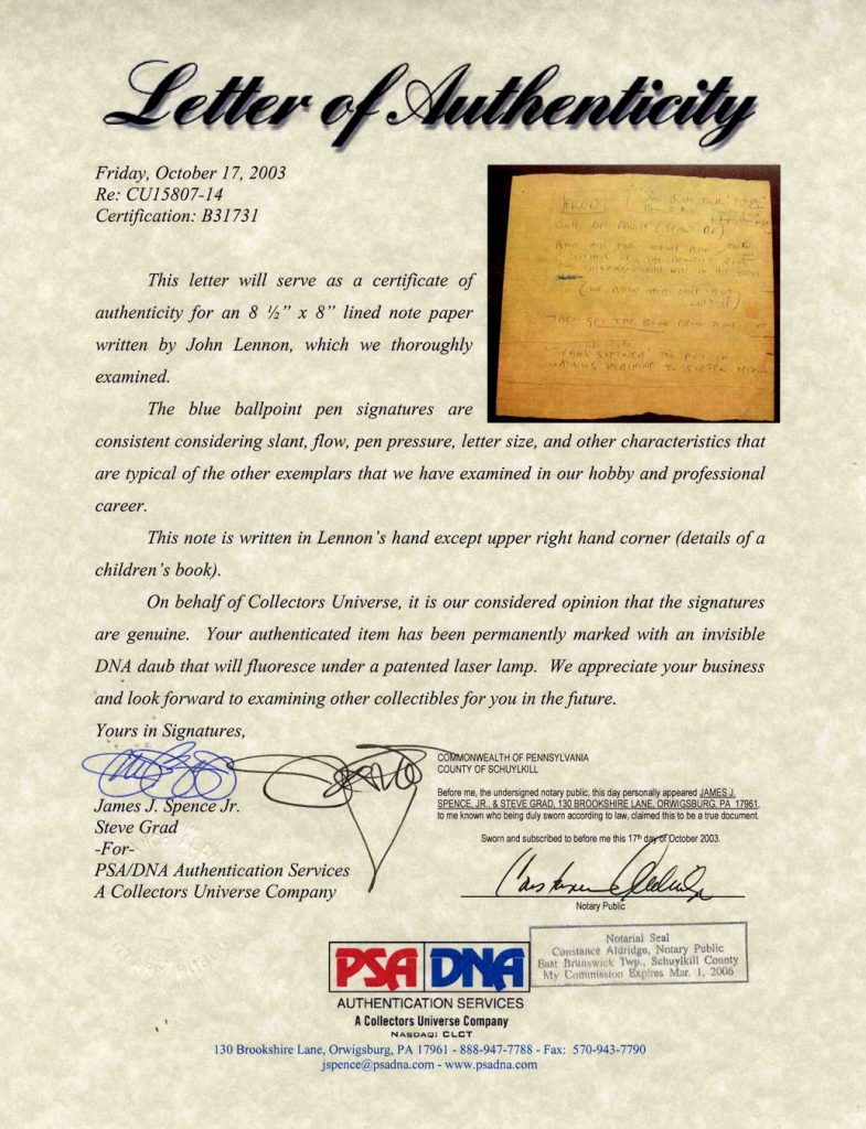 John Lennon drawing of his and Yoko's heads signed