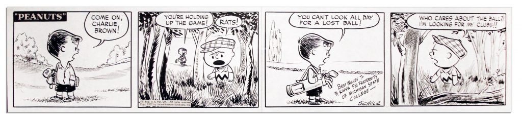 Peanuts strip from 1952 with Charlie Brown an Shermy golfing