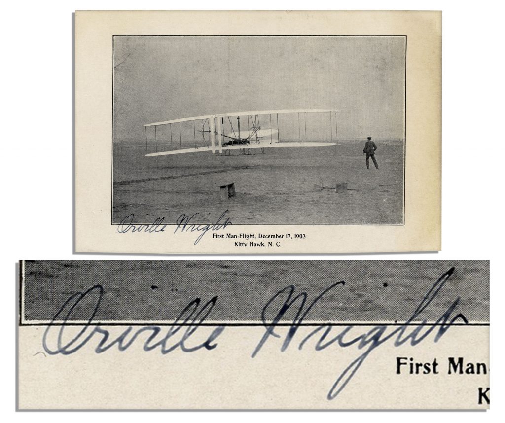 Orville Wilbur Wright signed checks flown fabric