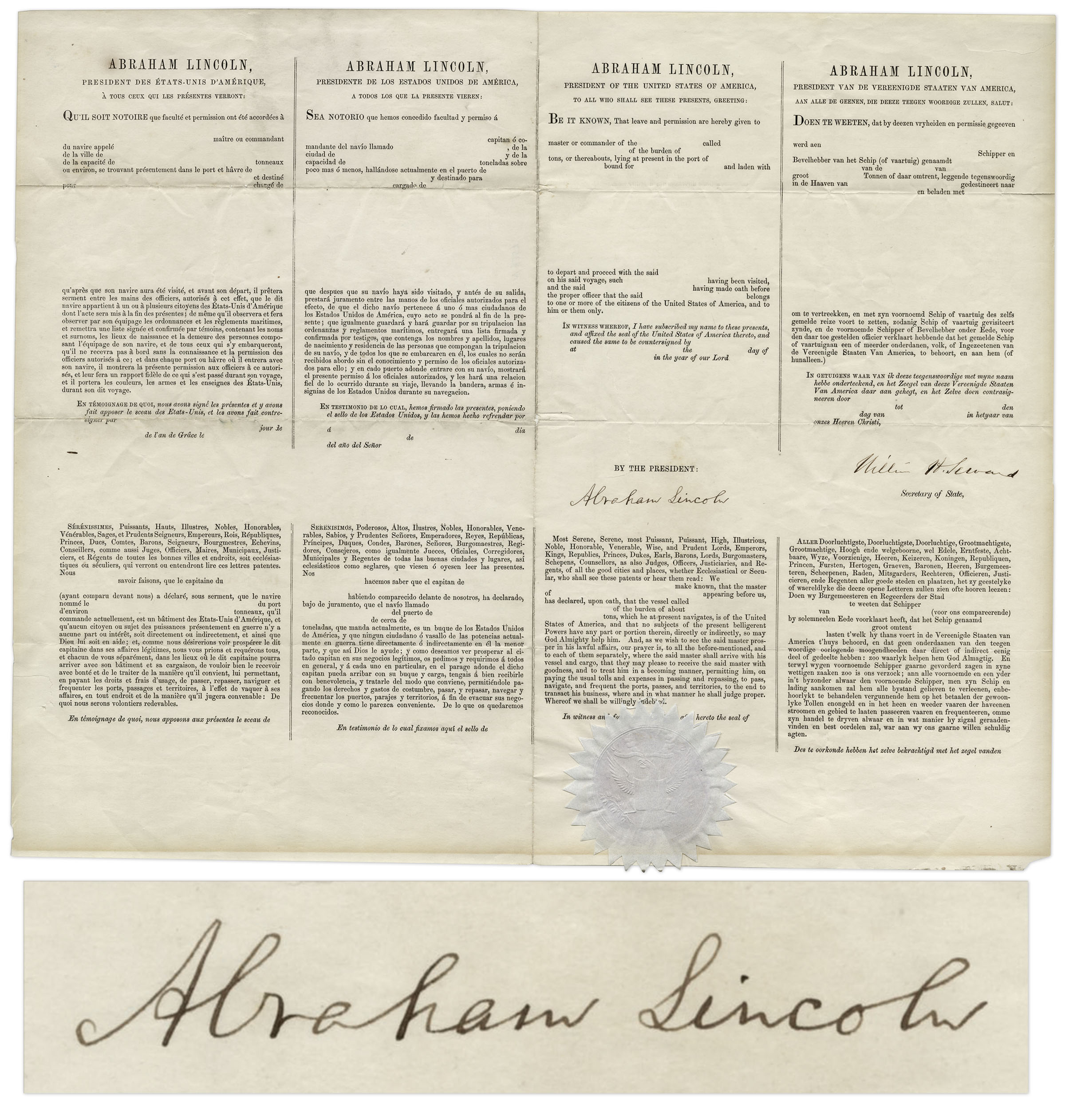 Sell or Auction Abraham Lincoln Four Language Document Signed