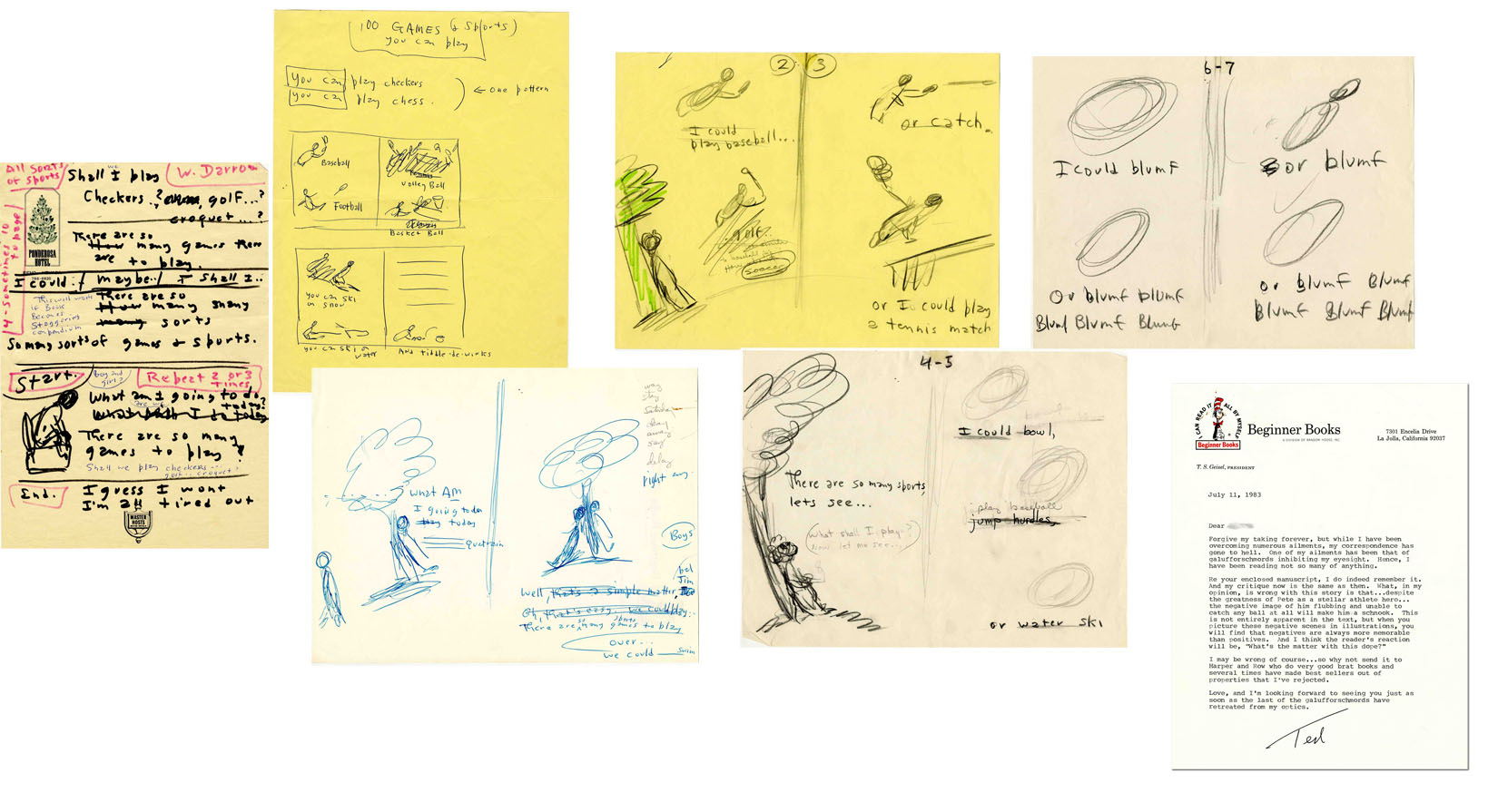 Many pages from unpublished Dr. Seuss book manuscript, including doodles and sketches.