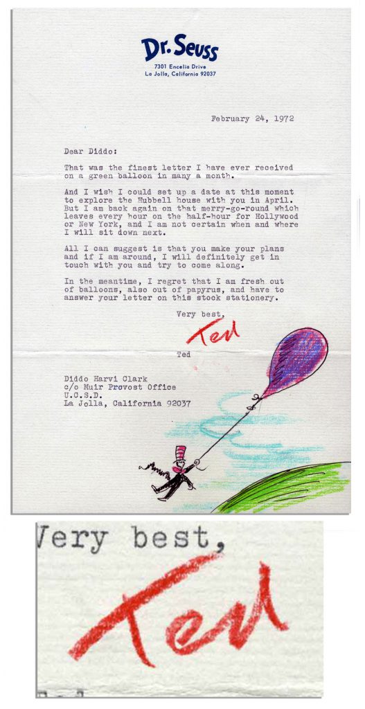Dr. Seuss signed typed letter with color "Cat in the Hat" drawing