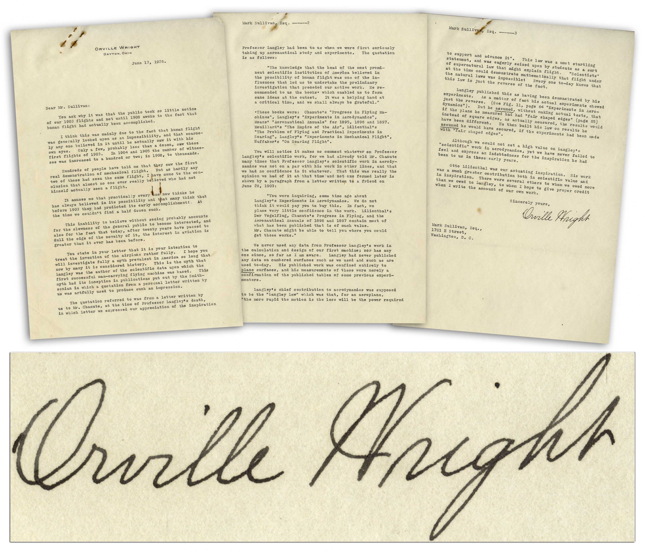 Three page typed letter signed on the third page by Orville Wright