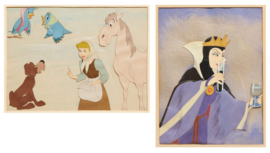 Two Disney cels side by side from Cinderella and Snow White and the Seven Dwarfs