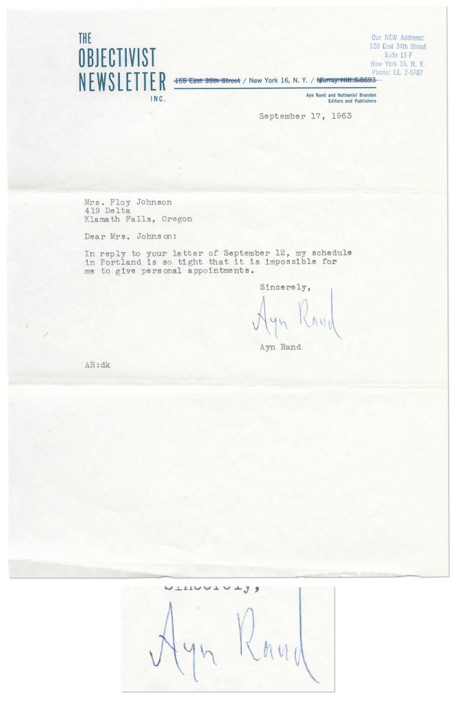 Ayn Rand Typed Letter Signed