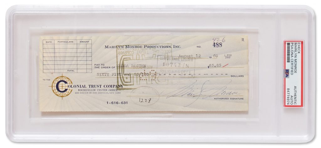Marilyn Monroe signed check PSA encapsulated