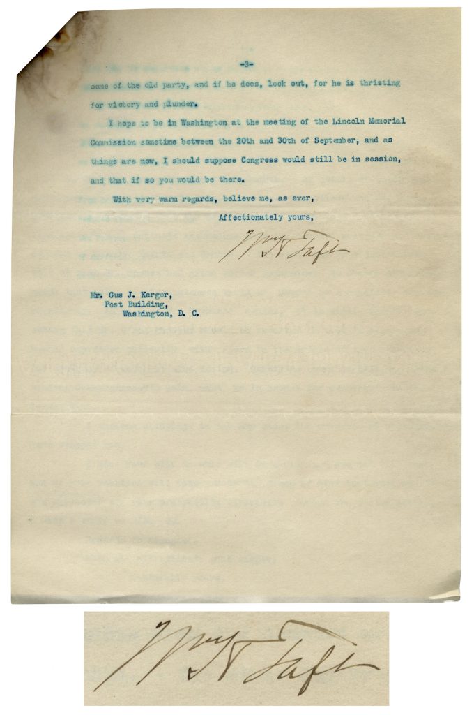 William Taft autograph letter signed as President