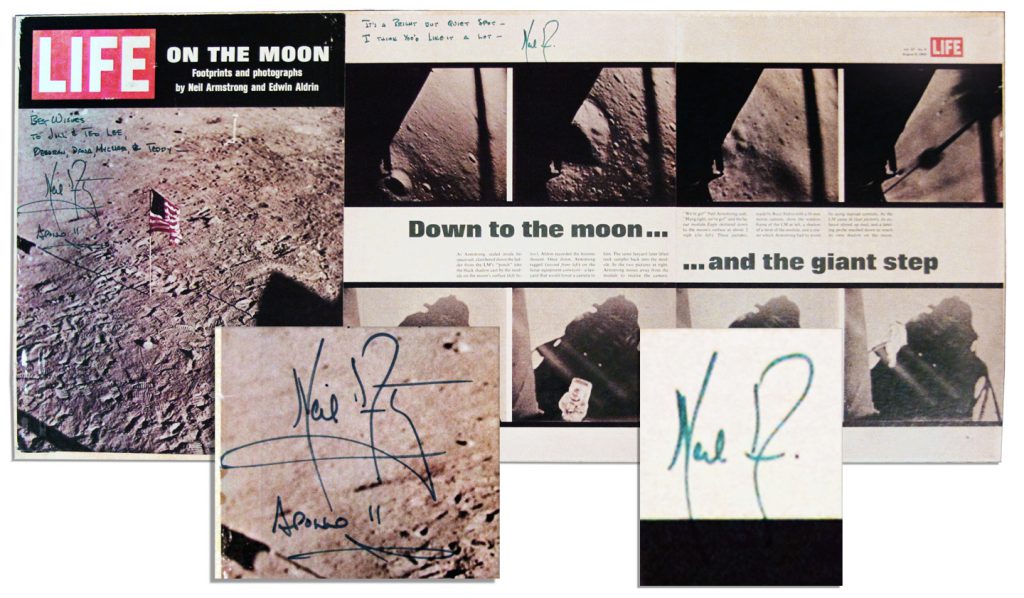 Life magazine cover and inside spread of Aug 8 1969 issue. Neil Armstrong signs and inscribes twice