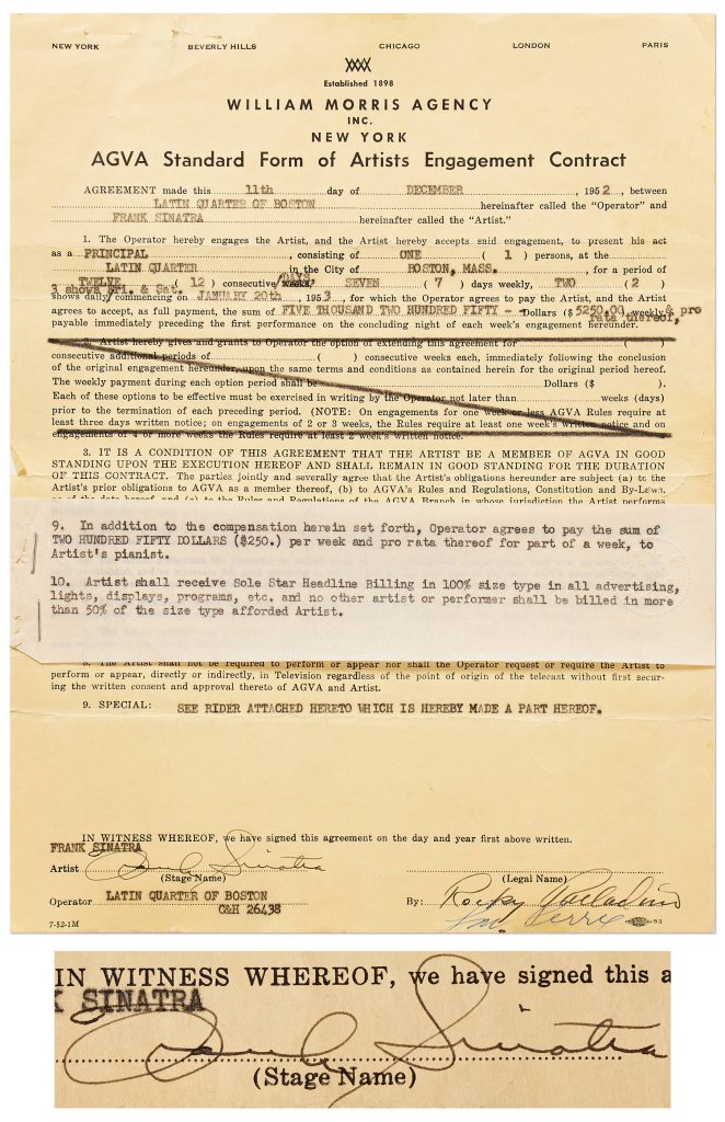 Frank Sinatra signed document