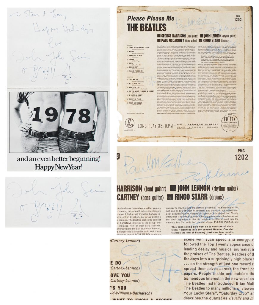 New Year's card signed by John Lennon along with some Doodles. Reverse of Please Please Me LP is signed by all 4 Beatles.