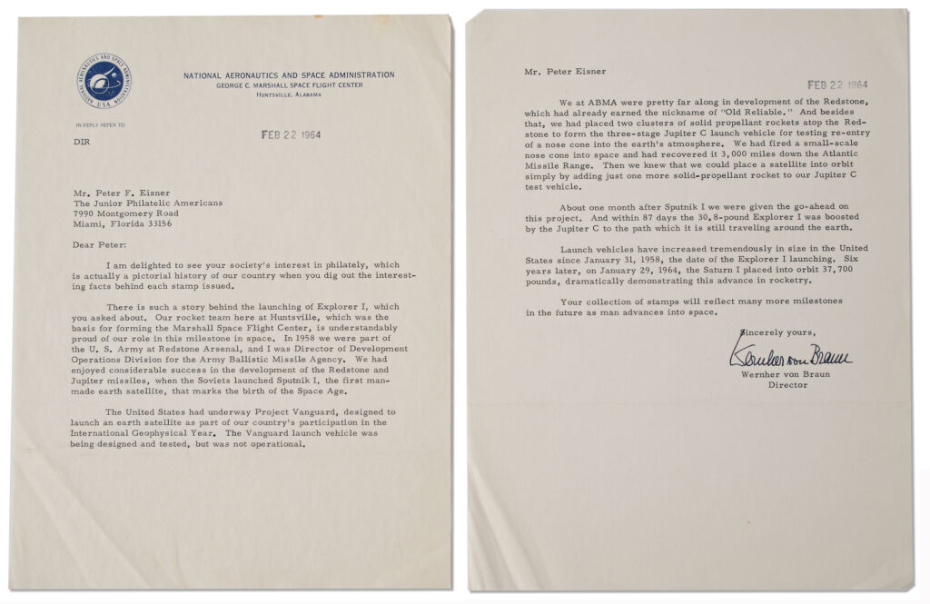Two paged typed letter on NASA letterhead. Wernher von Braun signs boldly on page two.