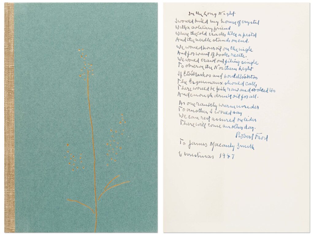 Sage green hardcover book with gilt illustration on front cover. Robert Frost writes poem in blue fountain pen on front free endpaper 