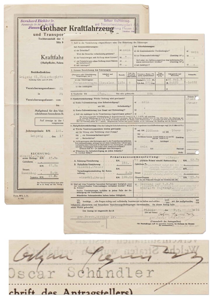 Overlay of document's first page and page with Schindler's signature. Title of document is "Gothaer Kraftfahrzeug"