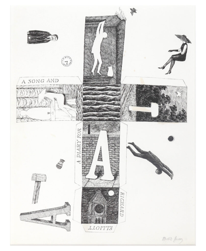 Pen and ink illustration featuring characters cut out of an unfolded box. Gorey signs lower right