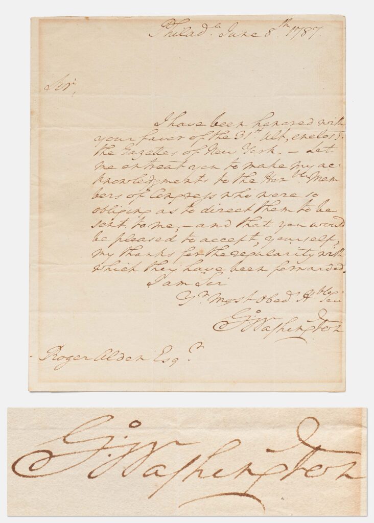 Single page letter is penned in cursive and has a large left margin. Prominent signature, "Go: Washington" at bottom right
