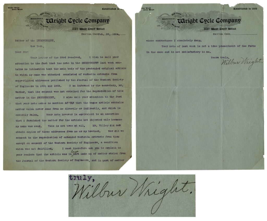 Wilbur Wright signed letter on wright cycle company letterhead. Sold at auction for $6,850