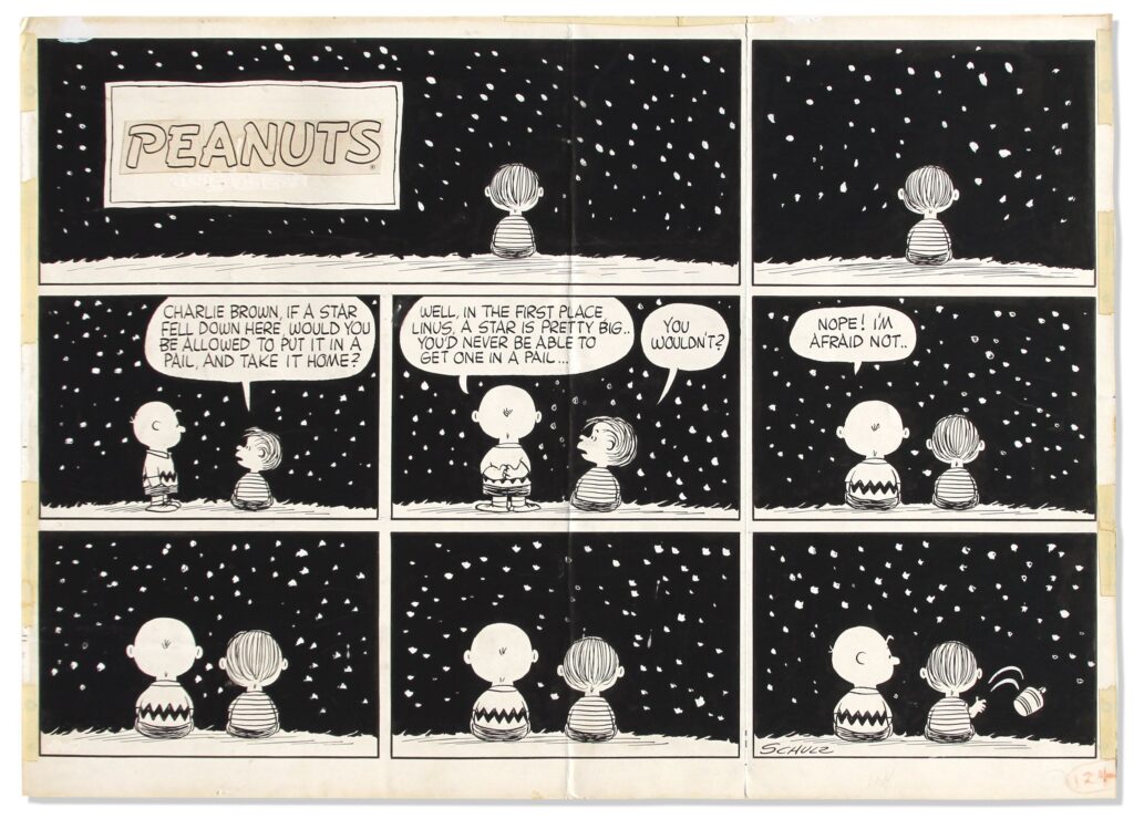 Eight panel Sunday Peanuts strip features Charlie Brown and Linus gazing at the stars