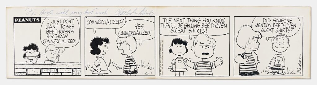 Four panel Peanuts strip with Linus, Schroeder and Lucy sold at auction for $71,335