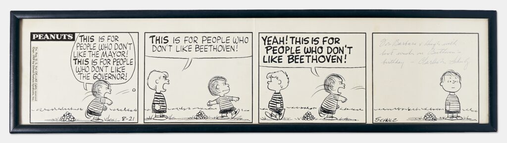 Framed daily Peanuts strip from 1959 sold for $25,000 at Nate D. Sanders Auctions