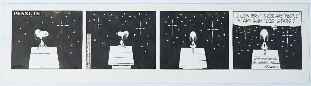Daily Peanuts strip featuring Snoopy outside under the night sky sold for $53,125 at auction