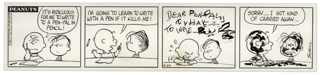 Four panel Peanuts comic strip from 1967 with Charlie Brown and Linus sold at auction