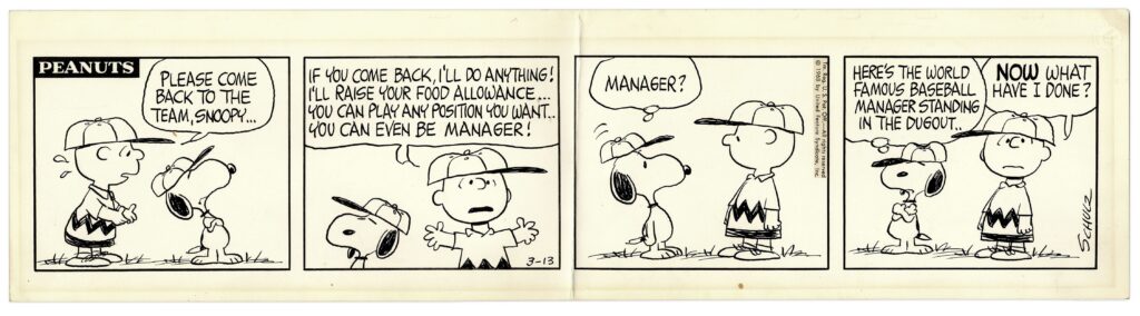 Daily Peanuts strip from 1968. Charlie Brown makes Snoopy the baseball team manager.